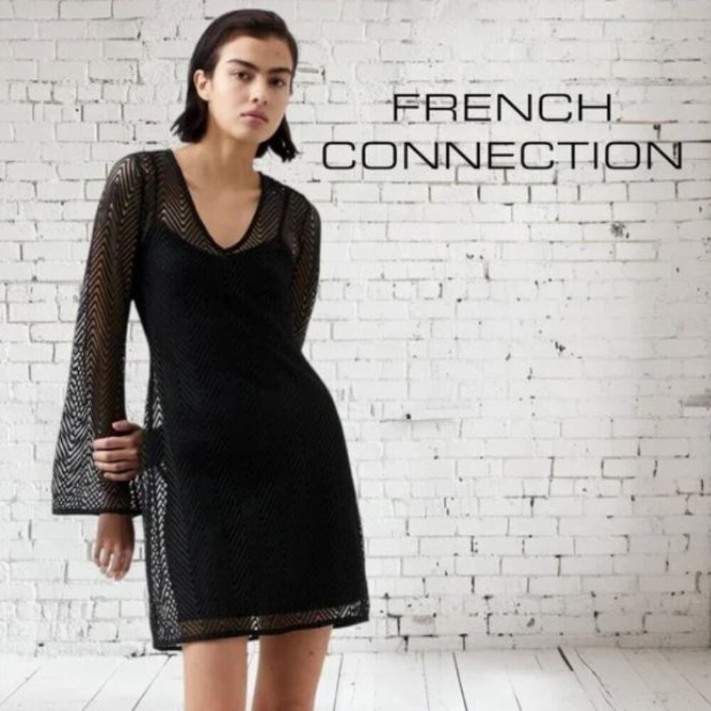 NWT FRENCH CONNECTION Black Mesh Bell Sleeves Rudy Textured Mini Women's Dress